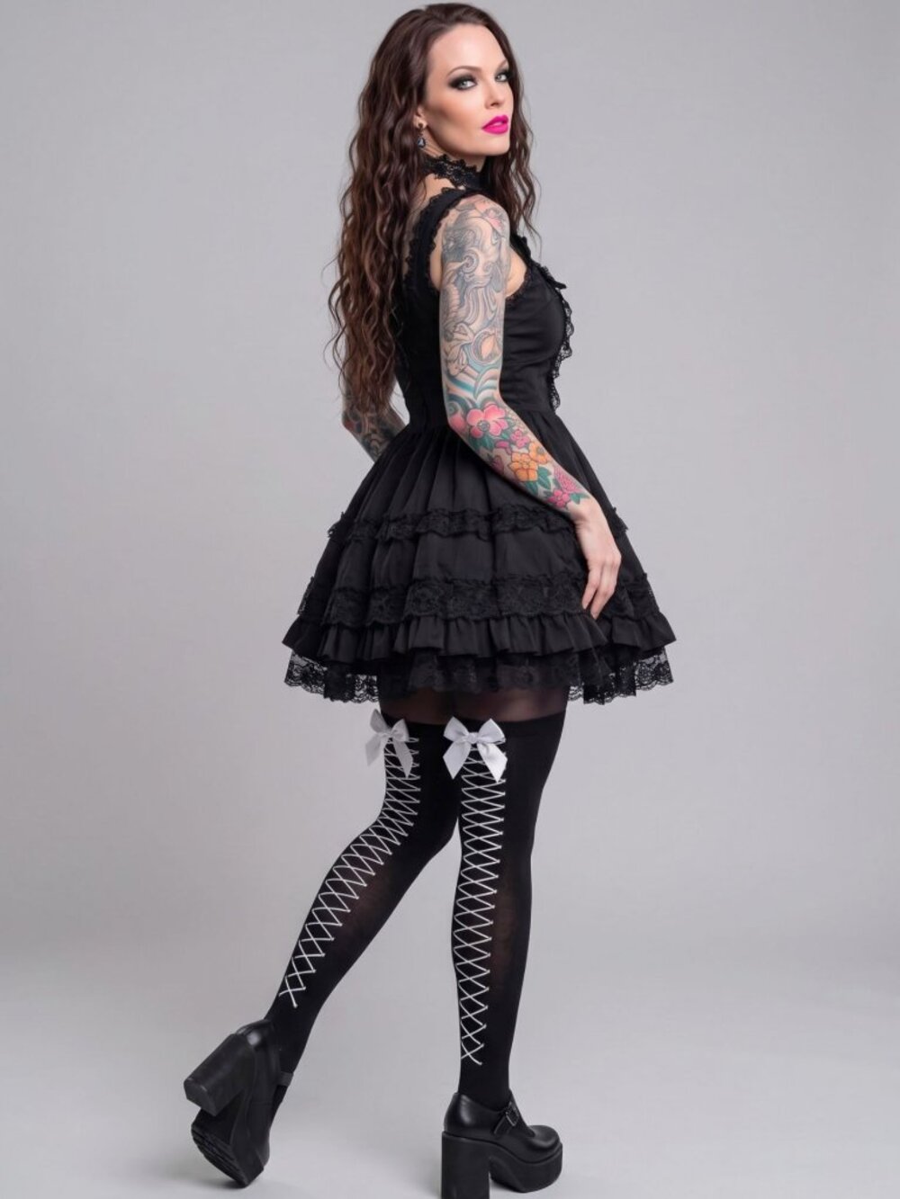 Blackheart Lace Up Mock Thigh High Tights Black White Bow Gothic Corset Sz M/L